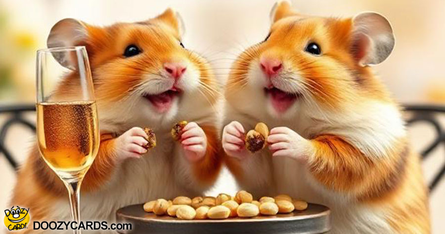 an ai generated image of two hamsters smiling and enjoying a plate of nuts and a glass of champagne.